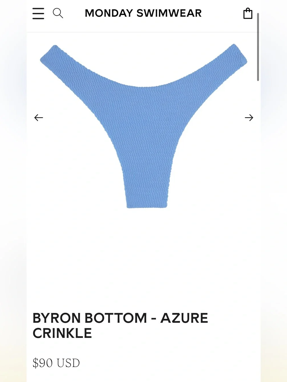 Monday Swimwear Byron Bikini Bottom in Azure Blue Crinkle